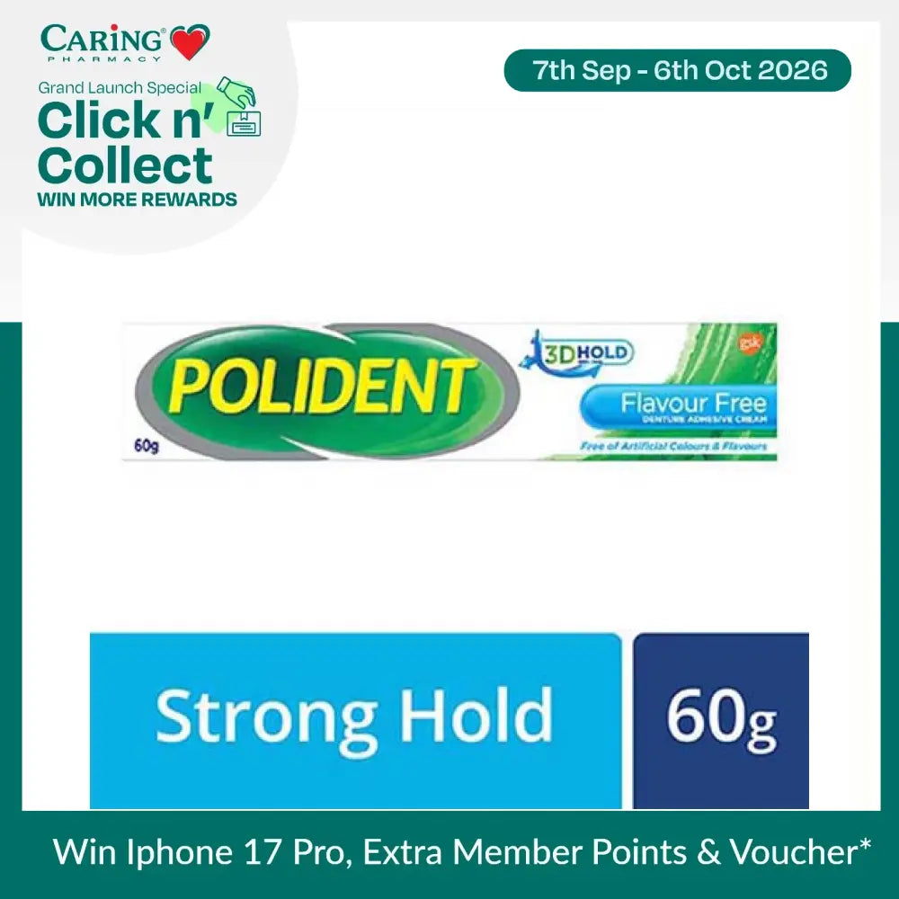 Polident Flavour Free Denture Adhesive Cream with Strong Hold, 60g tube for secure denture fit