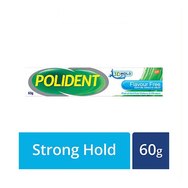 Polident Flavour Free Denture Adhesive Cream with Strong Hold, 60g tube for secure denture fit