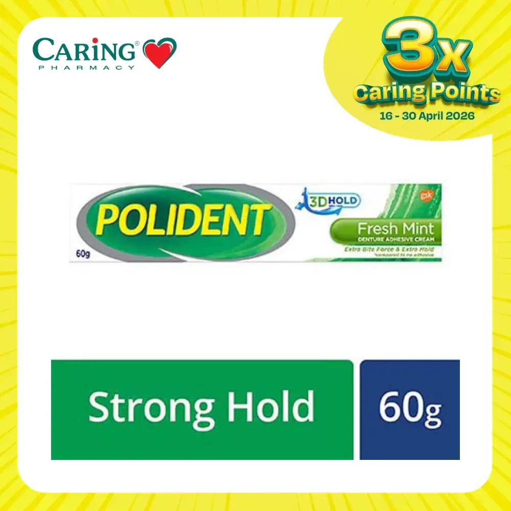 Polident denture adhesive cream in Fresh Mint flavor for a strong hold and comfortable fit