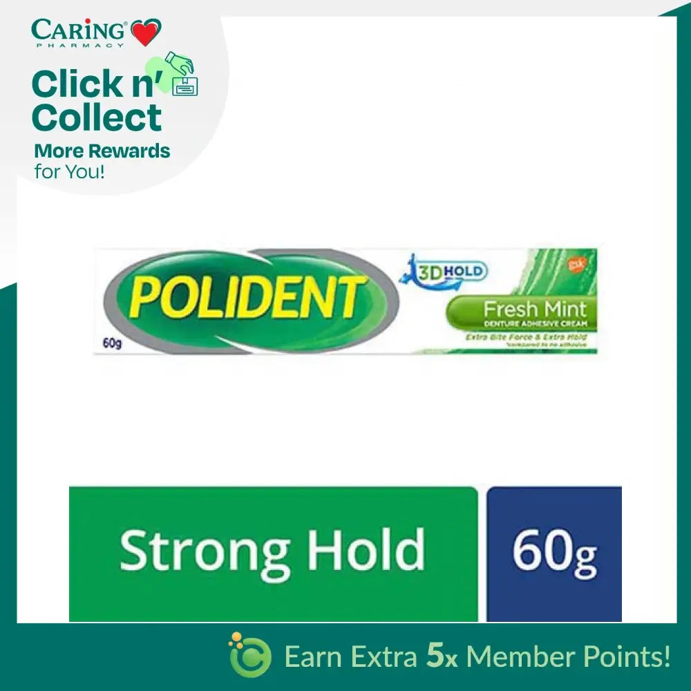 Polident denture adhesive cream in Fresh Mint flavor for a strong hold and comfortable fit