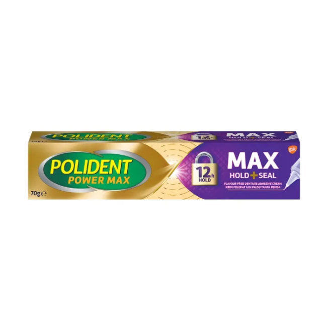 POLIDENT Power Max denture adhesive cream for strong 12-hour hold with Polident Max Hold denture adhesive