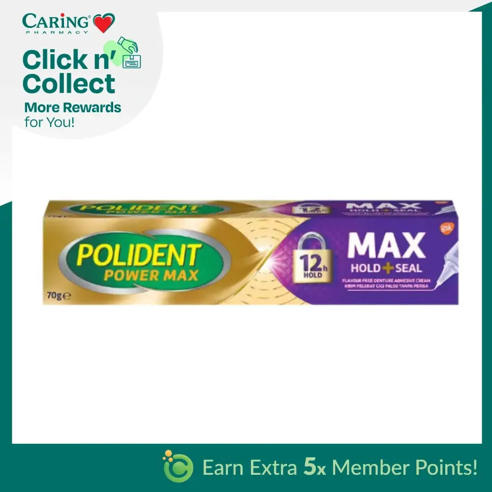 POLIDENT Power Max denture adhesive cream for strong 12-hour hold with Polident Max Hold denture adhesive