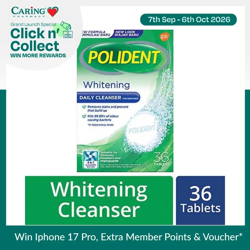Polident whitening denture cleanser tablets pack containing 36 tablets for stain removal and hygiene