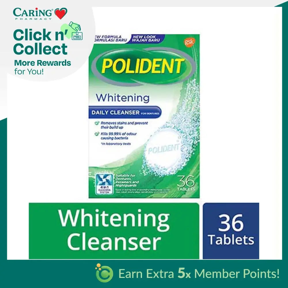 Polident whitening denture cleanser tablets pack containing 36 tablets for stain removal and hygiene