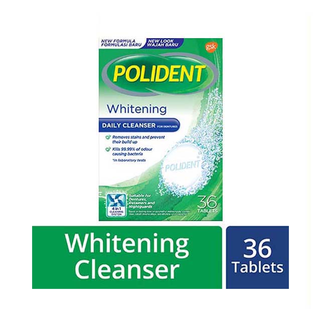 Polident whitening denture cleanser tablets pack containing 36 tablets for stain removal and hygiene
