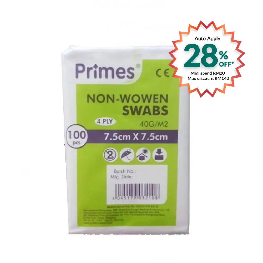 PRIMES NON WOVEN SWAB 7.5CMX7.5CM 4PLY 100S