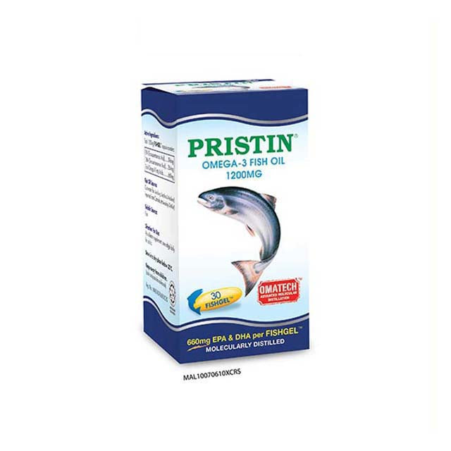 Pristin 1200mg omega 3 fish oil supplement box with fish illustration and 30 fishgel capsules