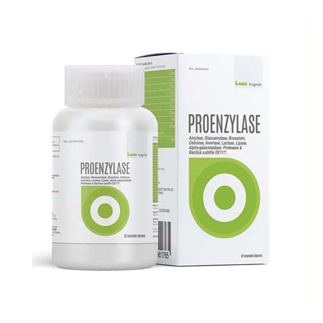Proenzylase digestive enzyme supplement bottle with a green label and packaging for digestive health support