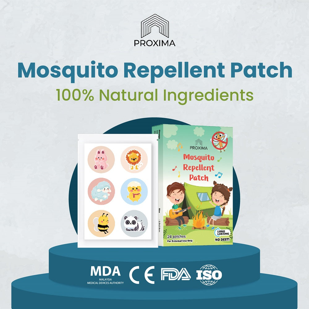 Proxima mosquito repellent patch containing 24 natural ingredient patches with cute animal designs