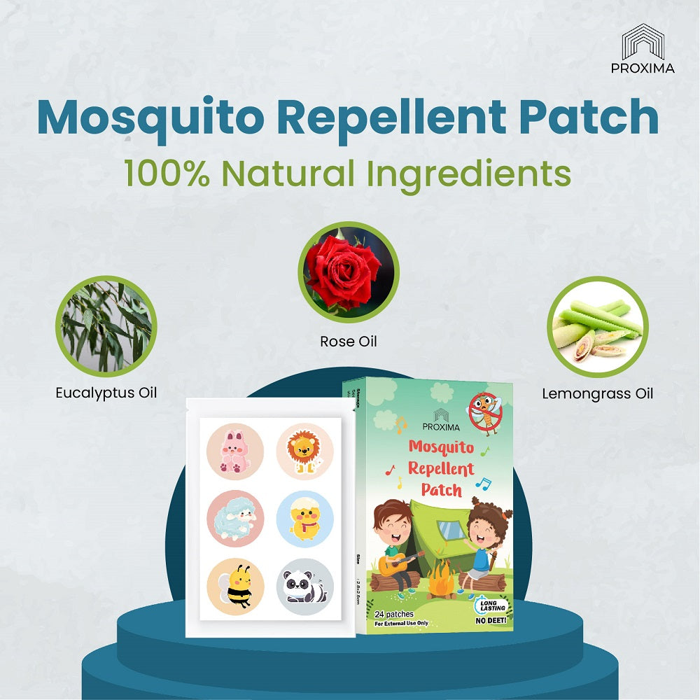 Proxima mosquito repellent patch with 100% natural ingredients including eucalyptus and rose oil
