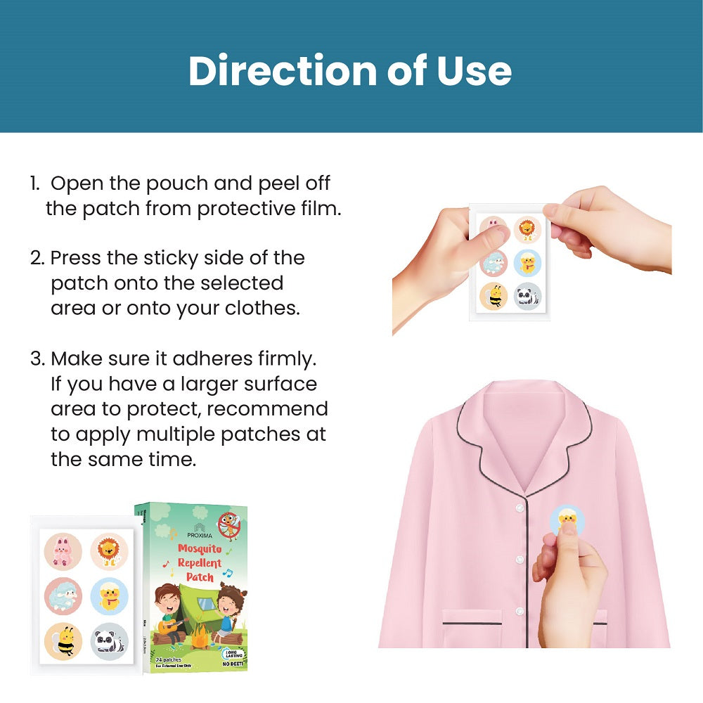 Instructions for using Proxima mosquito repellent patch with peeling and application steps on clothing