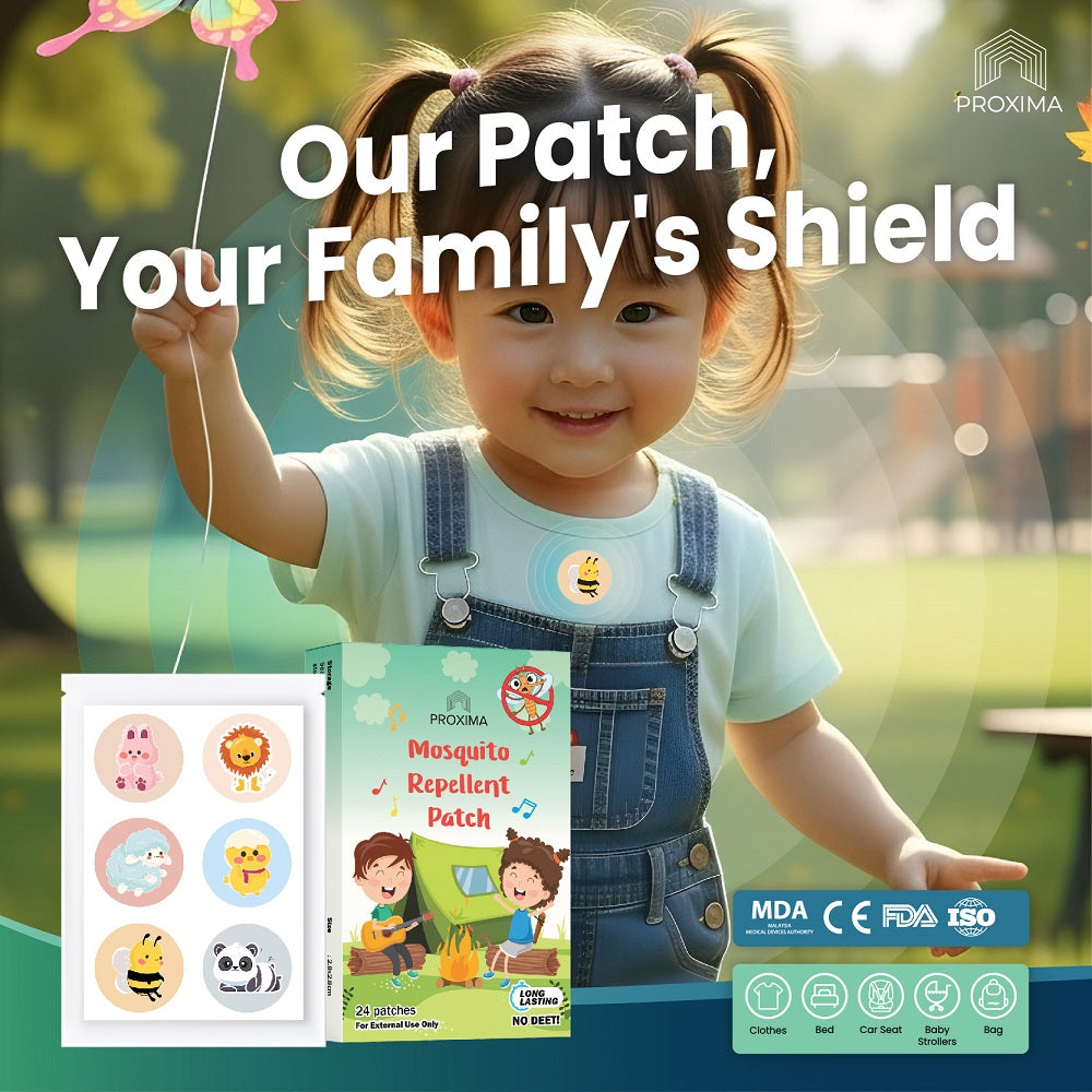 Proxima mosquito repellent patch in a colorful packaging with fun designs, ideal for kids outdoors