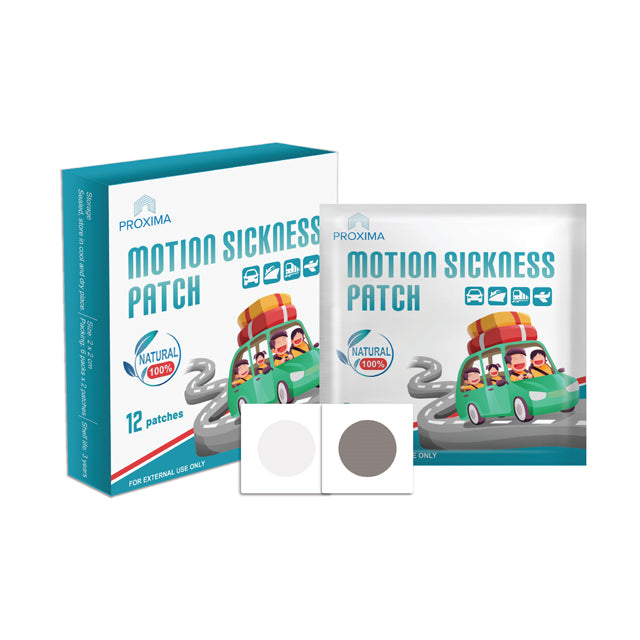 PROXIMA motion sickness patch box containing 12 natural patches for effective relief from nausea