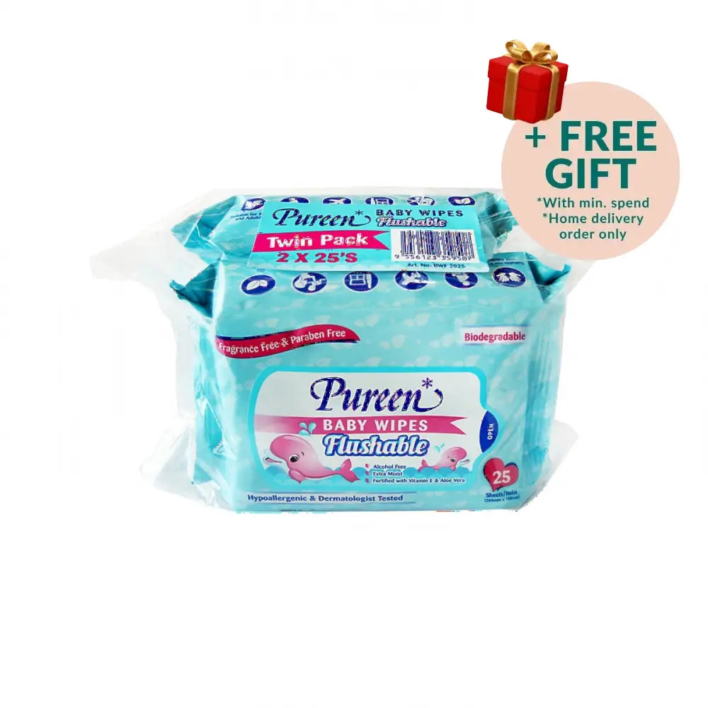PUREEN BABY WIPES FLUSHABLE (BLUE) 2X25S