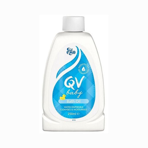QV baby bath oil 250ml in a white bottle for gentle skin hydration during bath time