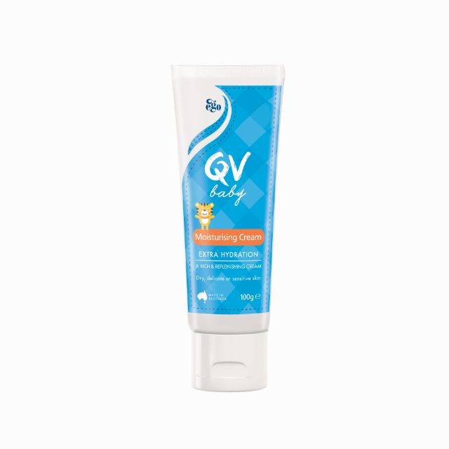 QV Baby Moisturising Cream in a blue tube designed for dry and sensitive baby skin care