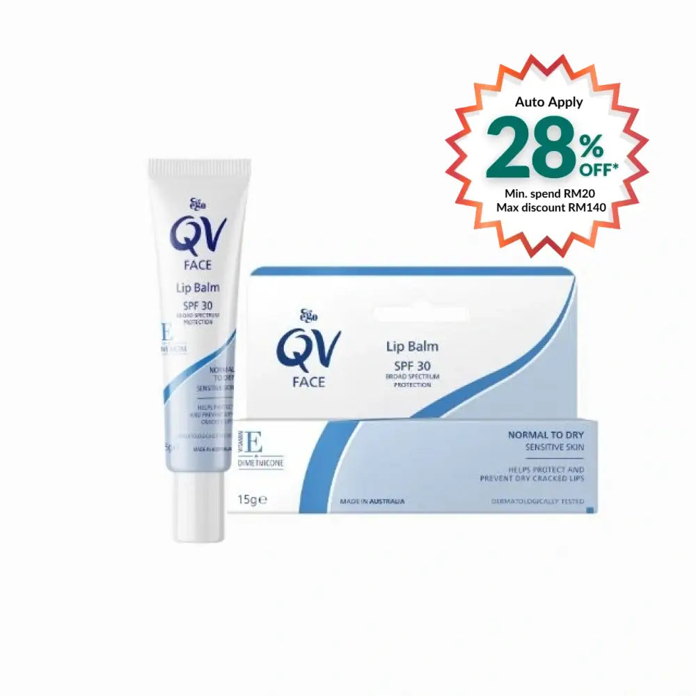QV Face Lip Balm SPF 30 in tube with box, providing sun protection for sensitive lips