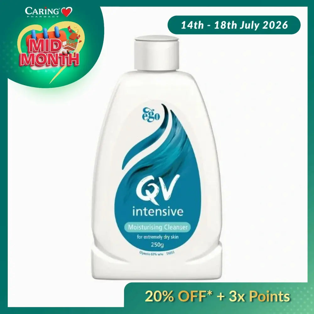 QV Intensive Moisturising Cleanser 250g for extremely dry skin in a white bottle with blue accents