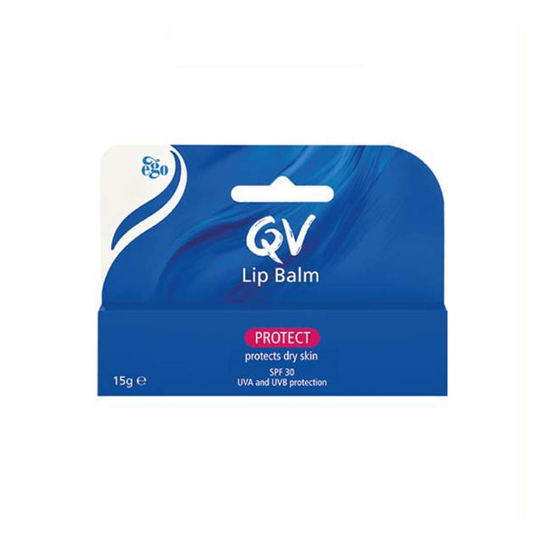 QV lip balm SPF 30 in a blue packaging, designed to protect and moisturize dry lips