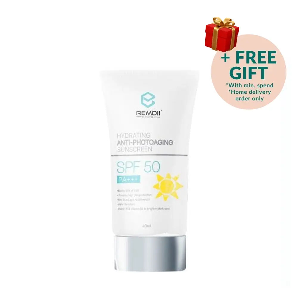 REMDII Hydrating Sunscreen SPF50 in a 40ml tube with protecting sun symbol for skin care
