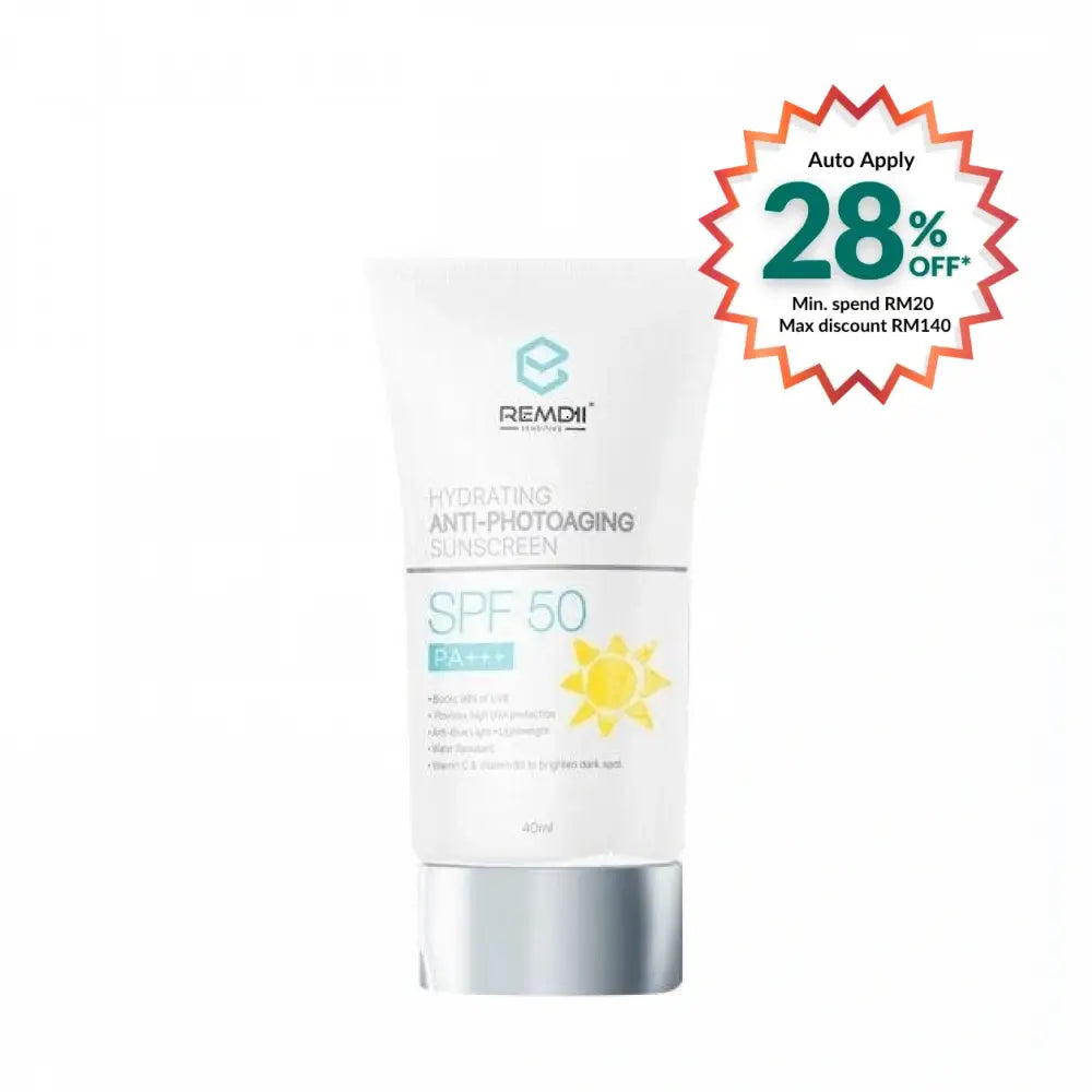 REMDII Hydrating Sunscreen SPF50 in a 40ml tube with protecting sun symbol for skin care