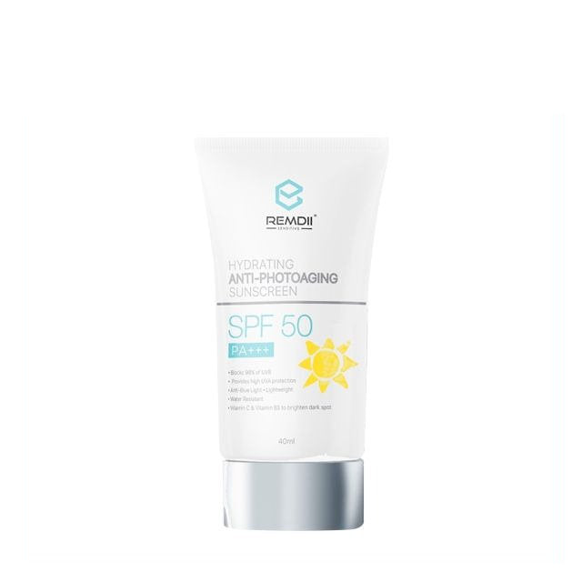 REMDII Hydrating Sunscreen SPF50 in a 40ml tube with protecting sun symbol for skin care