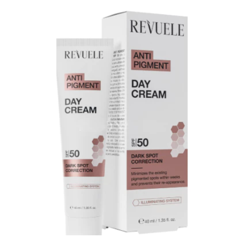 REVUELE anti pigment day cream SPF 50 in a tube, designed for dark spot correction and skin illumination