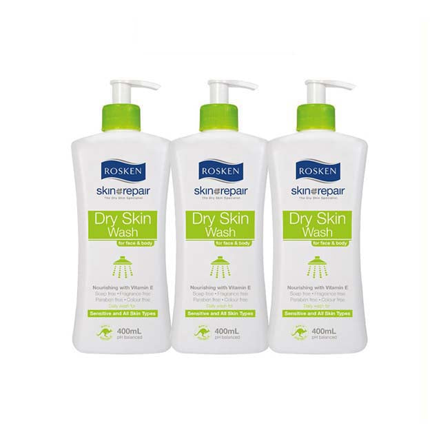 Rosken Dry Skin Wash 400ml bundle contains three bottles, enriched with Vitamin E for sensitive skin.