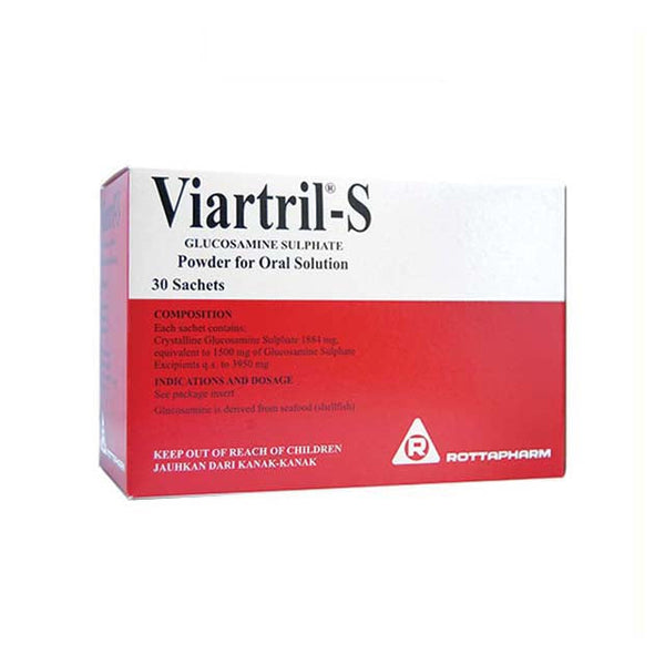 Viartril-S glucosamine sachets packaging with 30 sachets for joint health support