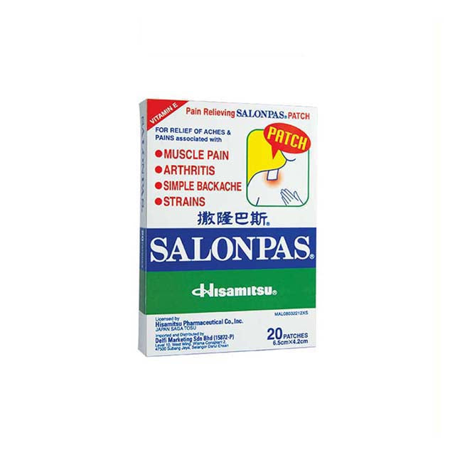 Salonpas pain relief patch package featuring 20 patches for muscle pain, arthritis, and strains