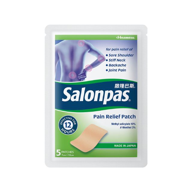 Salonpas pain relief patch pack containing five patches for sore shoulder and back pain relief