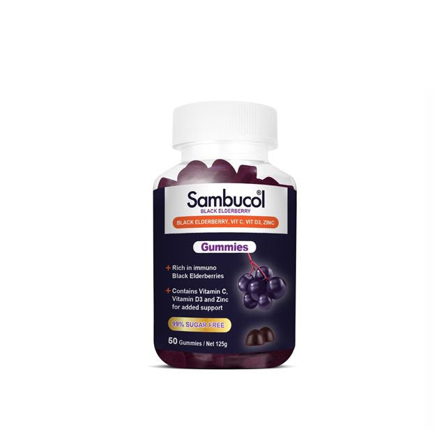 Sambucol black elderberry gummies in a bottle with immune support benefits and 95% sugar-free