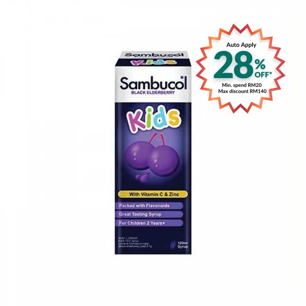 Sambucol Kids Black Elderberry Syrup in a 120ml bottle, with vitamin C and zinc for kids aged two and up.