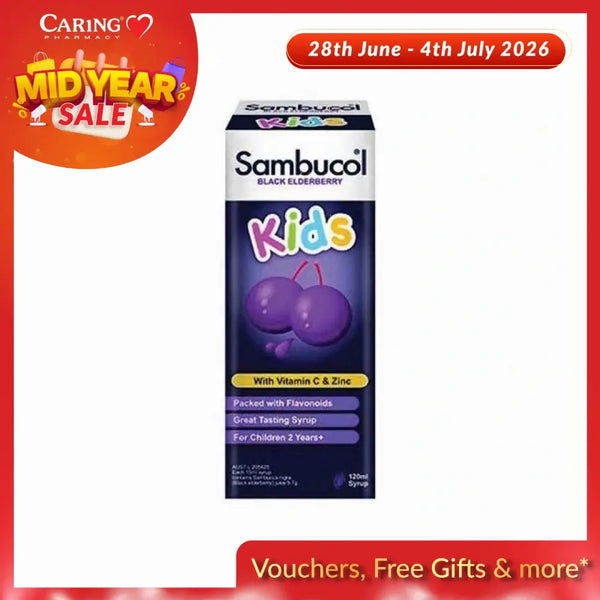 Sambucol Kids Black Elderberry Syrup in a 120ml bottle, with vitamin C and zinc for kids aged two and up.