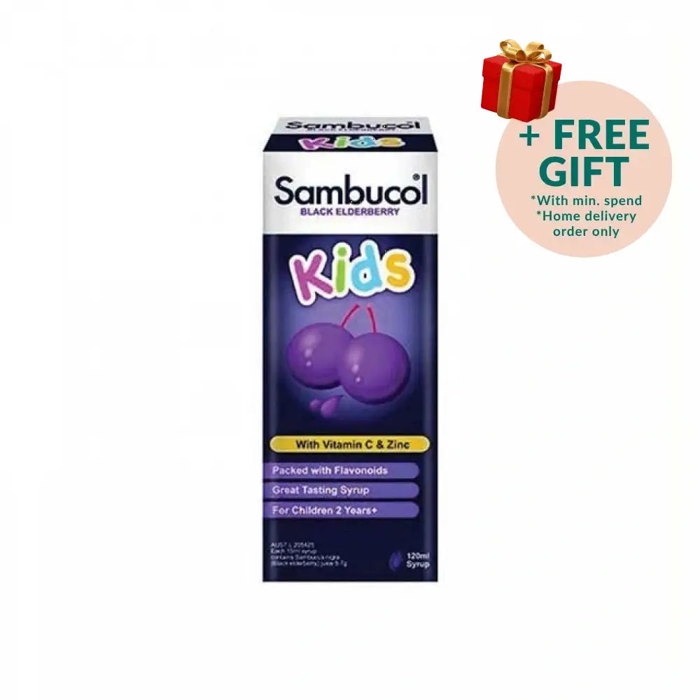 Sambucol Kids Black Elderberry Syrup in a 120ml bottle, with vitamin C and zinc for kids aged two and up.
