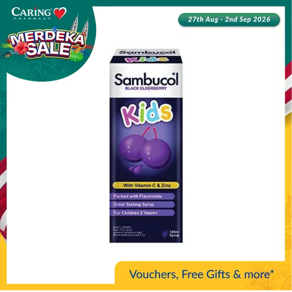 Sambucol Kids Black Elderberry Syrup in a 120ml bottle, with vitamin C and zinc for kids aged two and up.