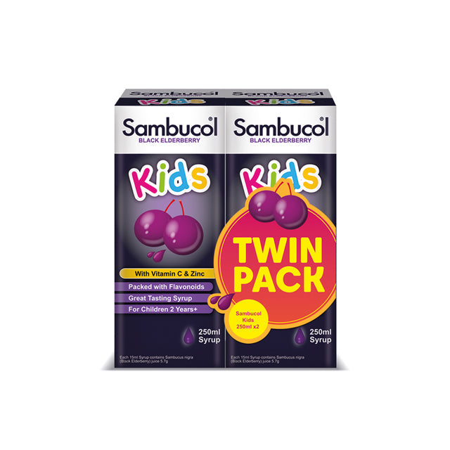Sambucol Kids Black Elderberry syrup twin pack with Vitamin C and Zinc, great tasting for children 2 years and up