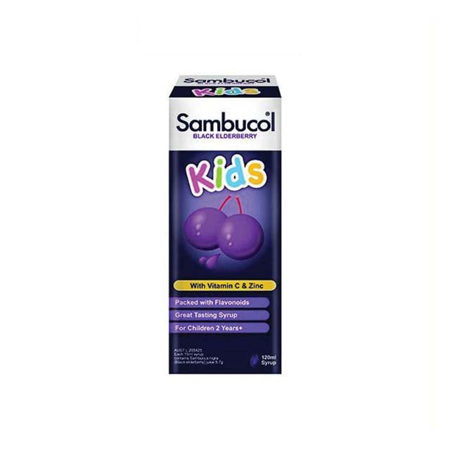 Sambucol Kids Black Elderberry Syrup in a 120ml bottle, with vitamin C and zinc for kids aged two and up.
