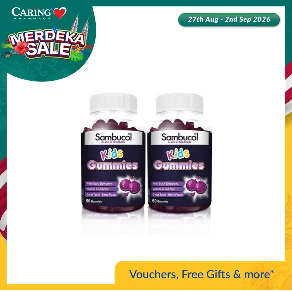 Sambucol Kids Gummies in a pack of two, providing immune support with black elderberry flavor