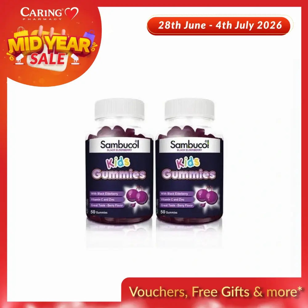 Sambucol Kids Gummies in a pack of two, providing immune support with black elderberry flavor