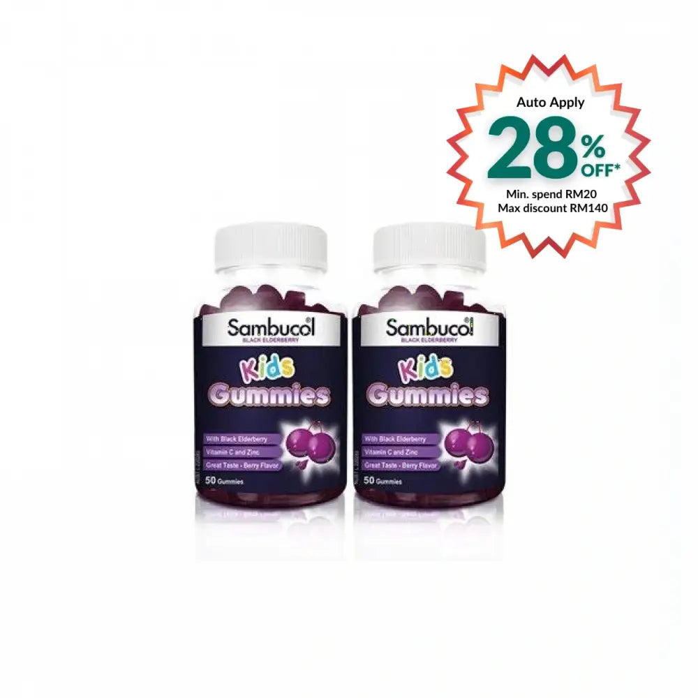 Sambucol Kids Gummies in a pack of two, providing immune support with black elderberry flavor