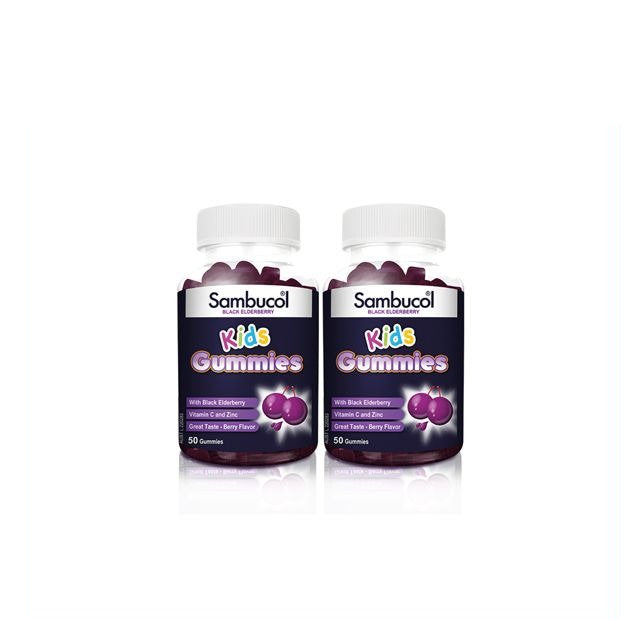 Sambucol Kids Gummies in a pack of two, providing immune support with black elderberry flavor