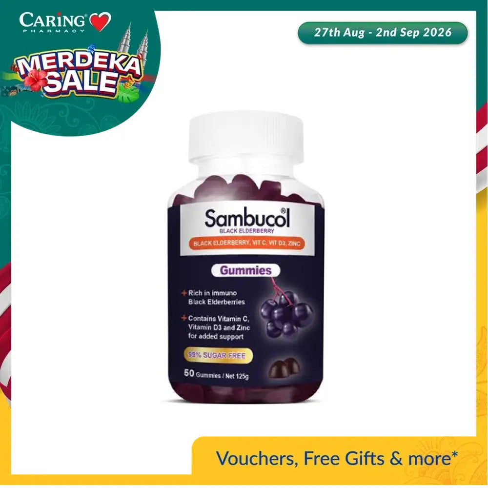 Sambucol black elderberry gummies in a bottle with immune support benefits and 95% sugar-free
