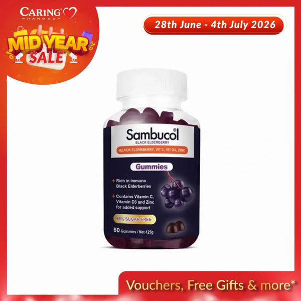 Sambucol black elderberry gummies in a bottle with immune support benefits and 95% sugar-free