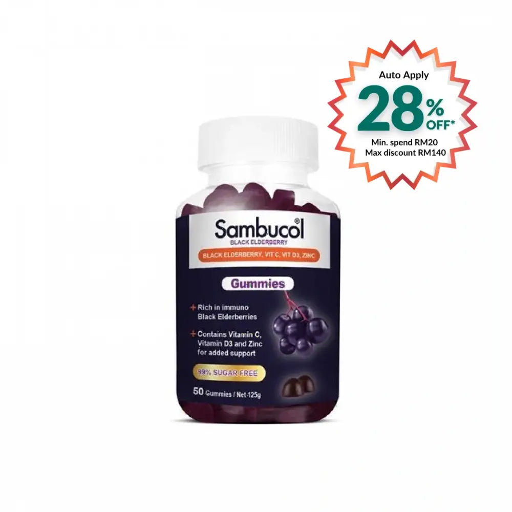 Sambucol black elderberry gummies in a bottle with immune support benefits and 95% sugar-free