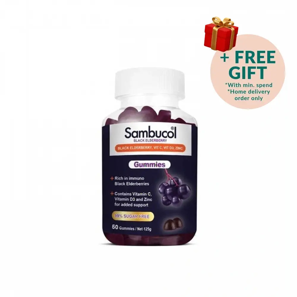 Sambucol black elderberry gummies in a bottle with immune support benefits and 95% sugar-free