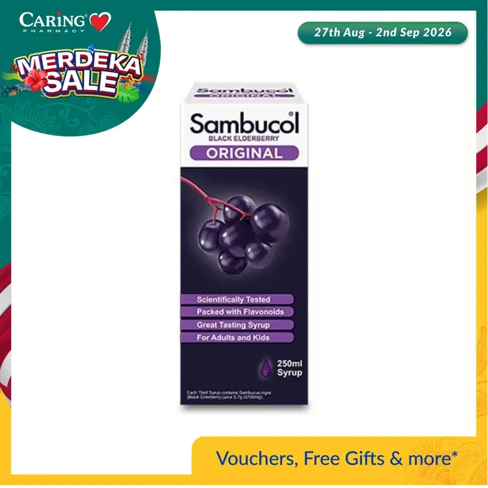 Sambucol Original Black Elderberry syrup in a 250ml package highlighting its scientific testing and great taste