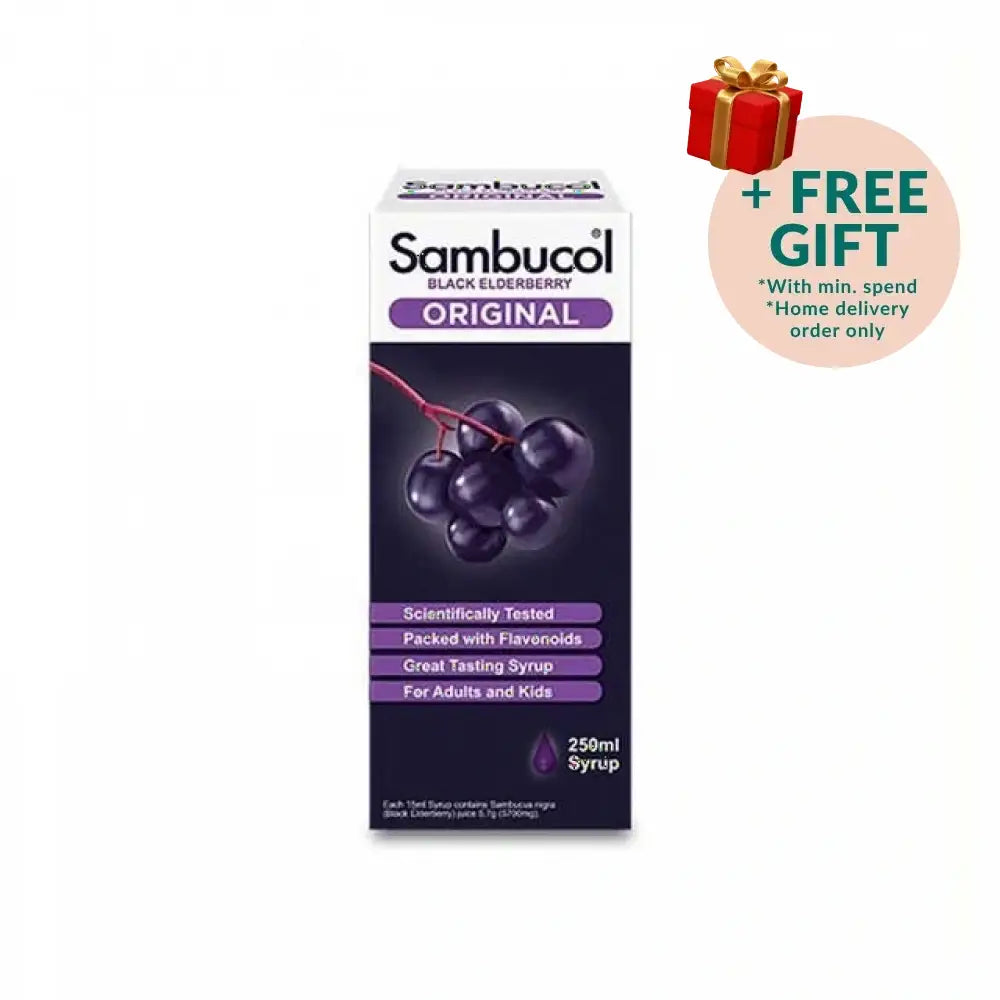 Sambucol Original Black Elderberry syrup in a 250ml package highlighting its scientific testing and great taste