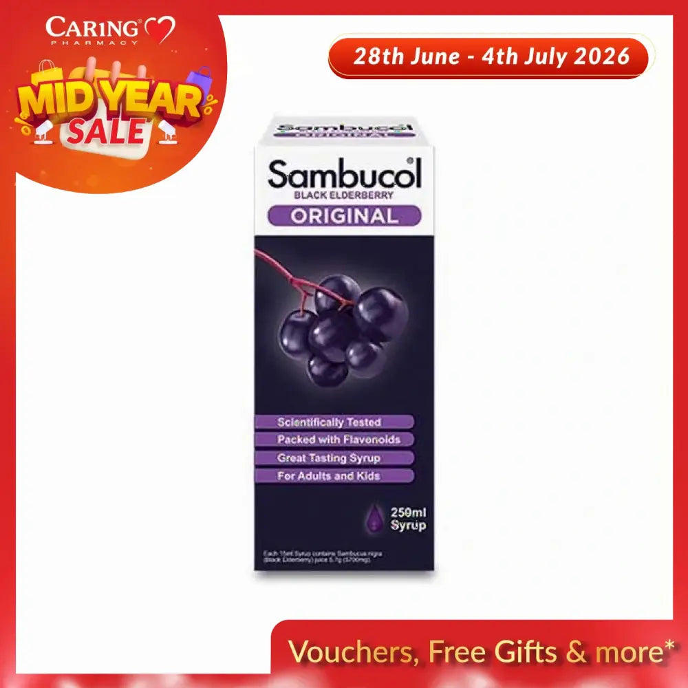 Sambucol Original Black Elderberry syrup in a 250ml package highlighting its scientific testing and great taste