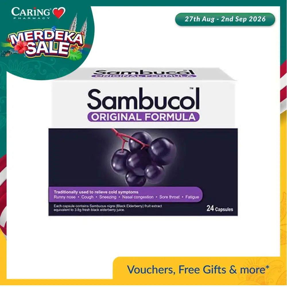 Sambucol original black elderberry capsules in a 24-count package for cold relief